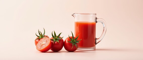 tomato juice in a glass mug and red tomatoes.