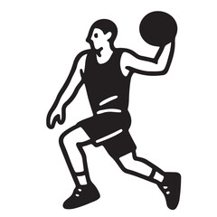 Black and white illustration of a basketball player in mid-air