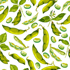 Soybean seamless pattern. Vector flat cartoon illustration of soya beens, pod on green plant and seeds