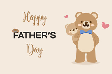 Happy father's day concept. Father bear with mustache and bow tie carry cute cub. adorable family character in flat vector design for postcard or decoration.