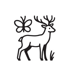 Simple black line drawing of a deer and a butterfly