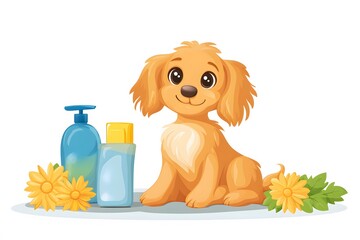 Cartoon golden puppy sitting with shampoo bottles and yellow flowers on a white background image art