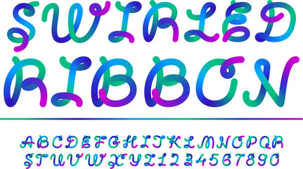 Blue font and numbers letter alphabet. Cursive typography, colored twisted lines. Holographic fold ribbon, vivid logo monogram. Fusion flexible intersections, squiggle spiral loop. Holi path script