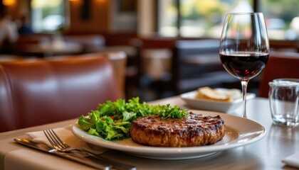 savoring the flavors of a delicious beef steak in a restaurant copy space: subject: delightful dinner at a restaurant with a delicious beef steak and a glass of wine.