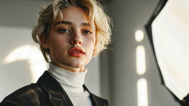 Stylish blonde woman portrait in studio with softbox lighting, beauty and fashion concept.