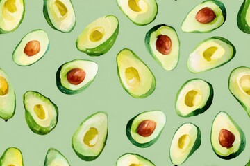 Seamless watercolor pattern with whole and halved avocado on green background. Healthy food texture for packaging and textile.
