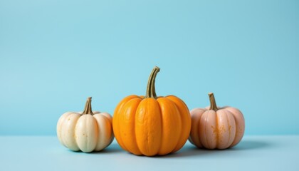 Fototapeta premium create a photo of a small orange pumpkin placed centrally against a pastel blue background, flank the orange pumpkin on its left with a white and pink pumpkin