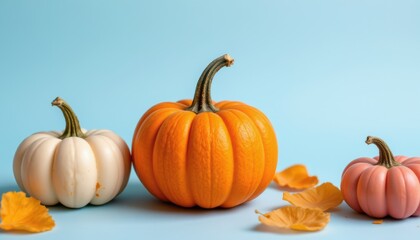 Obraz premium create a photo of a small orange pumpkin placed centrally against a pastel blue background, flank the orange pumpkin on its left with a white and pink pumpkin