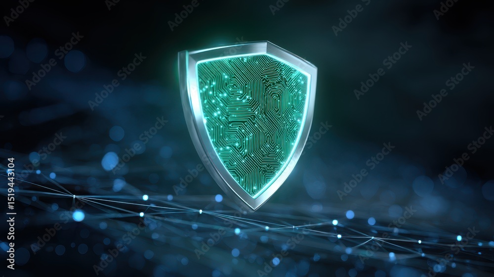 Poster digital shield with circuit patterns, symbolizing cybersecurity and protection in a tech-focused env