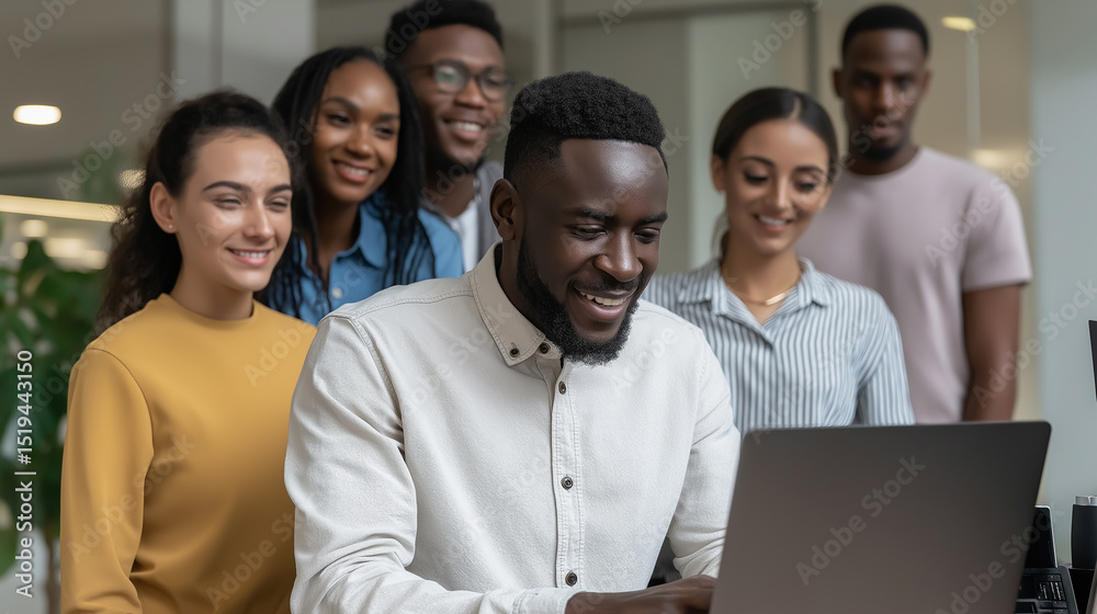 Poster in a contemporary office space, a diverse business team gathers around a laptop, focusing on financi