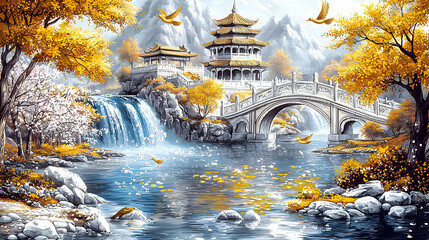 Pixel Art Asian Landscape With Golden Autumn Foliage