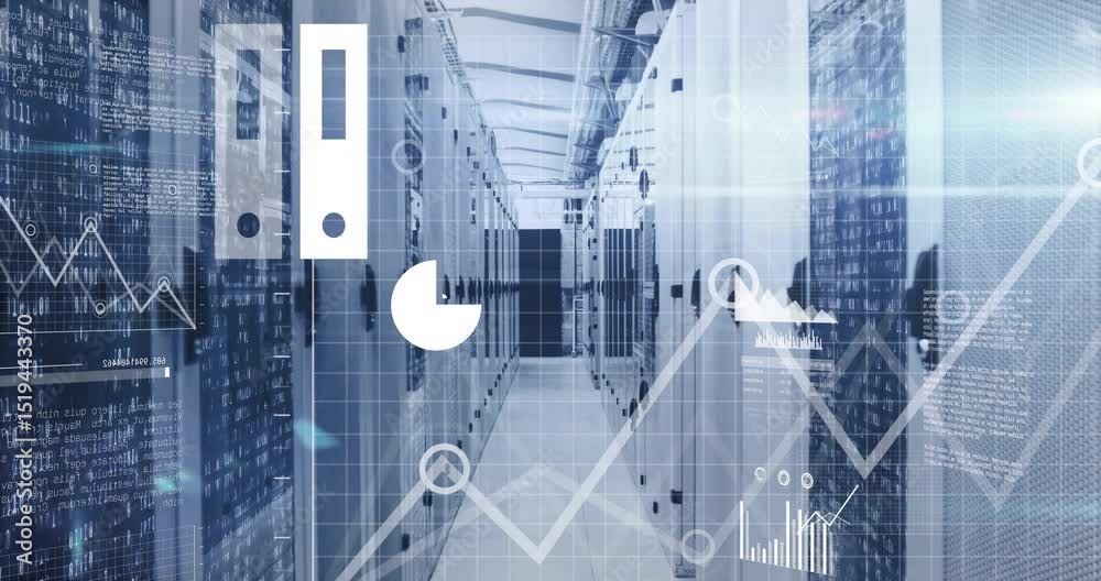 Poster cloud appearing in corridor starting data flow with growing charts pulsing and fading overlays