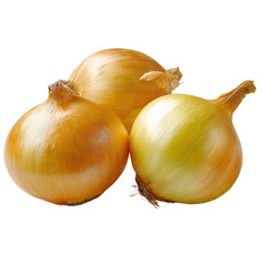 Three whole yellow onions with papery skins and healthy roots.