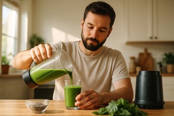 Sunlit smoothie preparation: man pouring green drink in kitchen for a refreshing beverage idea