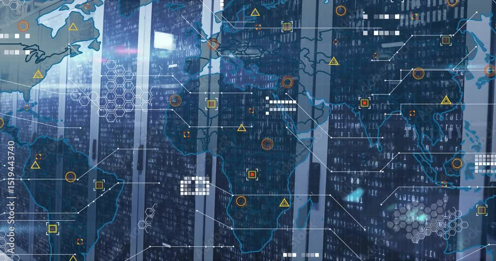 Poster binary code scrolling starting world map fading over server racks, nodes linking showing data flow