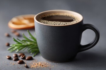 Rich herbal coffee in sleek cup, garnished with herbs and spices
