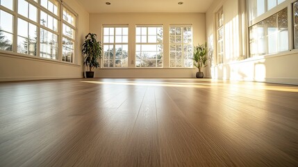 Obraz premium Bright, Spacious Yoga Studio with Light Wooden Flooring and Blank Space for Wellness Ads