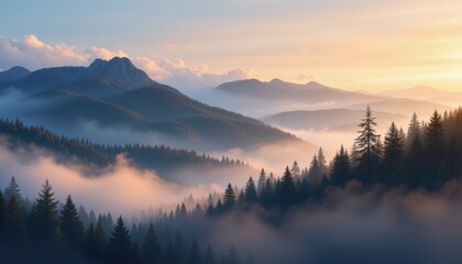 create a photo realistic illustration of mountains shrouded in forest fog during the morning hours, the image should evoke a sense of mystique and tranquility