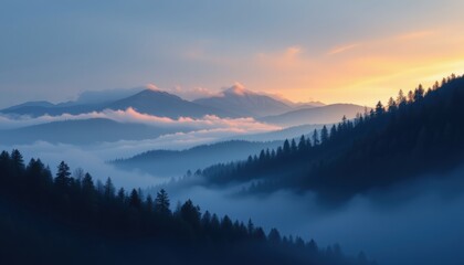Fototapeta premium create a photo realistic illustration of mountains shrouded in forest fog during the morning hours, the image should evoke a sense of mystique and tranquility