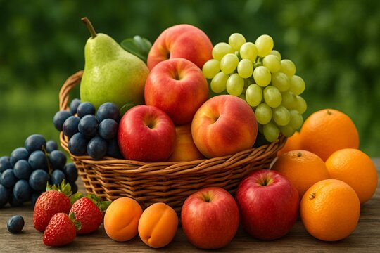 a variety of fresh fruits arranged in and around a wicker basket.
The assortment includes common fruits such as apples, oranges, green and blue grapes, strawberries, pears, and apricots. - Powered by Adobe