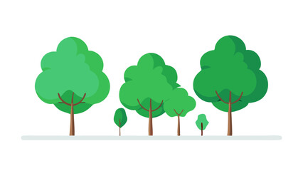 Colorful cartoon trees of varying sizes lining a grassy area in a bright and sunny environment