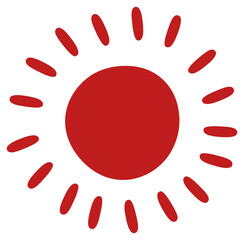 Icono de un sol con rayos solares simbolo de calor o vacaciones, rojo sobre fondo blanco