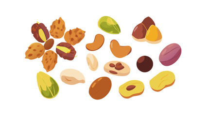 Variety of colorful nuts and seeds arranged artistically on a white background for decoration or culinary use