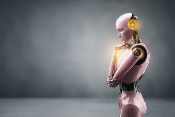 Cybernetic Contemplation: A futuristic android, its form a blend of sleek design and advanced technology, pauses in thoughtful introspection.