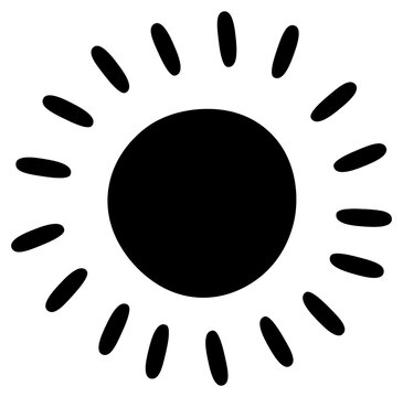 Icono de un sol con rayos solares simbolo de calor o vacaciones, negro sobre fondo blanco