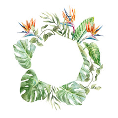 Tropical round frame with monstera, palm, banana leaves, strelitzia flowers. Hand drawn watercolor illustration isolated on white. For postcards, invitations, summer banners, covers, labels.