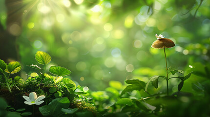 Sunlit Forest Floor with Mushroom and Flower., Sunlit Forest Floor: Mushroom and White Flower, Serene Nature Scene. 
