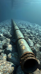 Rusty Underwater Pipeline Among Rocks