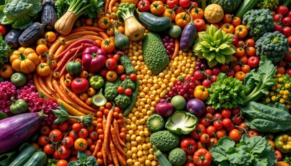 imagine looking down upon a vast, sprawling landscape of vibrant and varied vegetables, each hue more brilliant than the last, from the top of this surreal vegetable kingdom