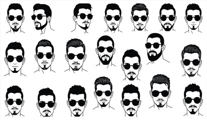 Vector illustration of diverse men's faces with various beard styles and sunglasses, ideal for barbershop, grooming, fashion, and character design related graphic projects.
