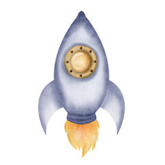 Beautiful space rocket, spaceship isolated object from a large set of space collection. Watercolor digital illustration. Cute for the kids design, decoration of clothes, room, interior, textile,poster