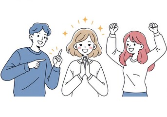 Illustration of three cheerful young people isolated on white background