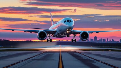 plane taking off the runway with a beautiful sunrise