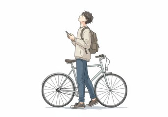 Obraz premium Illustration of a young man with a backpack and bicycle, looking up while holding a phone, isolated on white background