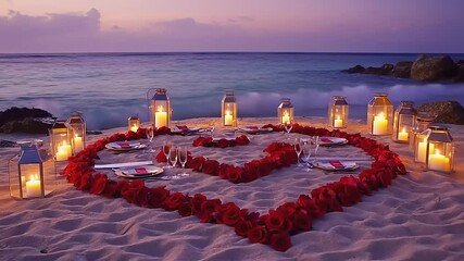 Romantic Beach Dinner Setup Heart-Shaped Rose Petals, Candles, and Ocean View