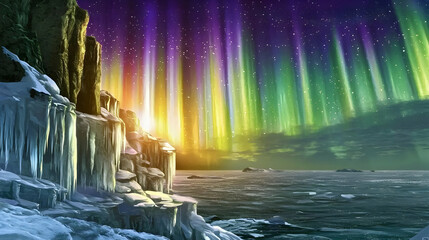 Aurora Borealis Over Frozen Arctic Mountains