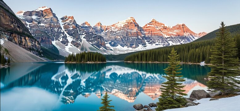 a serene view of winter landscape with lake and mountains - Powered by Adobe