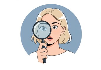 Illustration of a woman looking through a magnifying glass isolated on white background