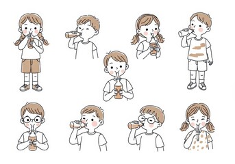 Illustration of Illustrations of children drinking from bottles and using straws, isolated on white background