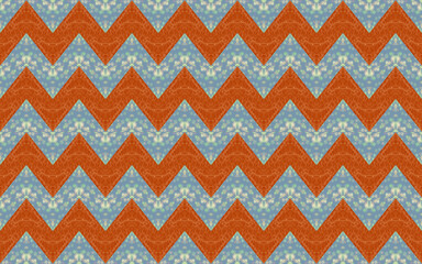 Abstract brown orange in bold chevron zigzag wave line pattern textures with soft blue floral surface texture background. 