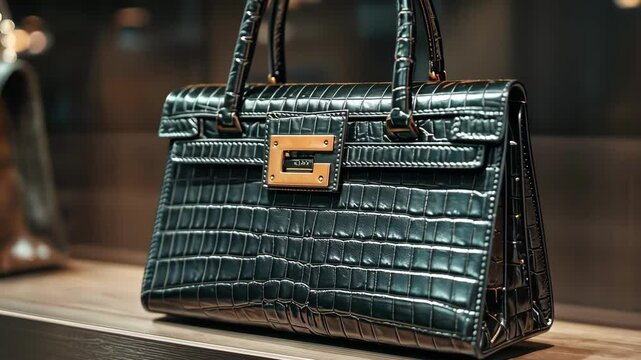 Elegant black crocodile pattern handbag display, luxury fashion accessory, chic style.