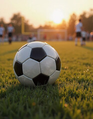 Fototapeta premium Soccer Ball on Grass Field with Players in Background at Sunset