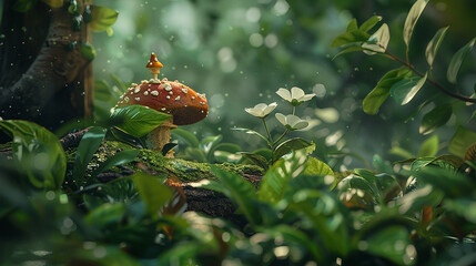Mushroom Forest Floor Stock Photo: Tiny Figure on Red-Capped Toadstool., Mushroom Forest Scene: Red Cap, Tiny Figure, Lush Greenery Stock Photo