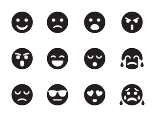 A set of twelve black silhouette emojis, conveying a range of emotions, from happiness and surprise to sadness and anger.