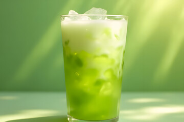 Iced green tea with milk on top in a glass with ice