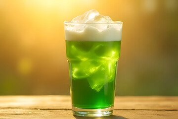 Iced green tea with milk on top in a glass with ice